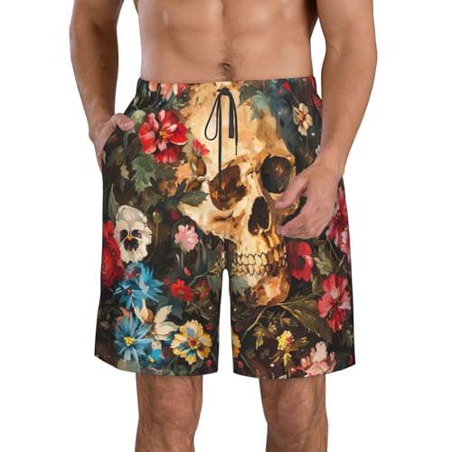 Shorts De Baño Estampado De Calavera con Flores Bañador Hombre Ligero Shorts De Secado Rápido Forro De Malla Cortos De Playa para Natación, Correr, Piscinas L
