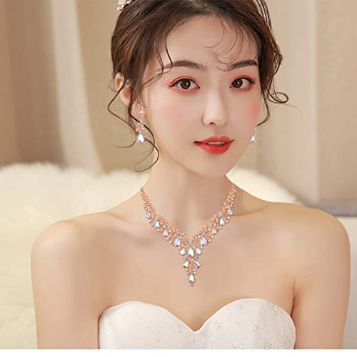 CSY Elegant Crystal Costume Jewelry Sets Flower Bridal Necklace Earrings Stretch Bangle Set for Bride Bridesmaid Wedding Dress Accessories (AB crystal-rose gold tone) by CSY - Used condition - Image 2