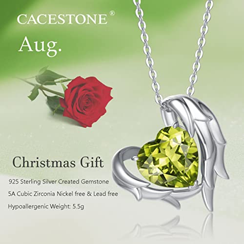 Cacestone Sterling Silver Gemstone 6 Carat Created Peridot Angel Wings Heart Birthstone Necklace For Women Cubic Zirconia Anniversary Birthday Gifts For Wife Girls Mom Her, 16+2 Inch #TOP1
