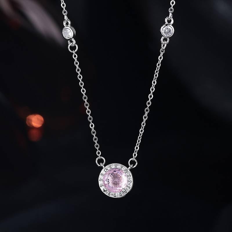Sterling Silver Necklace with Pink Cubic Zirconia – Elegant Round Halo Pendant Jewelry for Women - Image 4