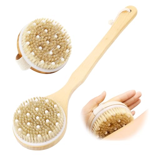 Juego de cepillo de espalda para ducha con mango largo y cabeza redonda, cepillo de cuerpo húmedo y seco para drenaje linfático, cepillo de ducha y cepillo de espalda con mango de madera de 41,5 cm,