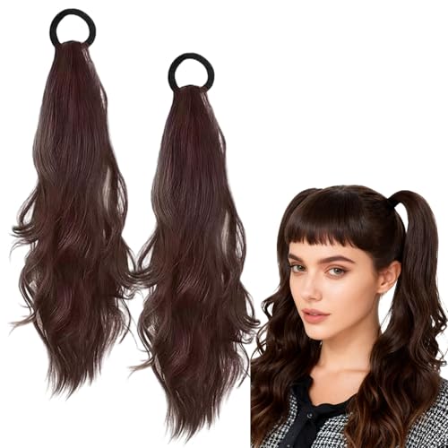 2 Stück Extension Queue de Cheval avec Cordon, Brun Foncé Postiche Bouclés, Extension Ondulé 50 cm pour Femmese (Braun)