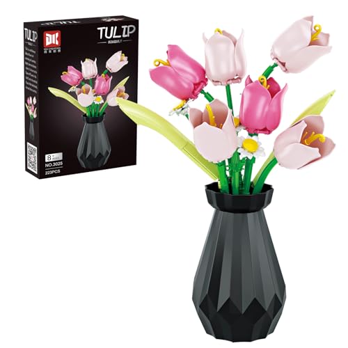 RIESEK Artificial Flower Bouquet Building Set for Adult,Mini Plant Bonsai Tree Friend Set,Botanical Collection Gift for Kid,Tulip Building Blocks with Vase,Birthday Gift for Girl Mom Women Wife