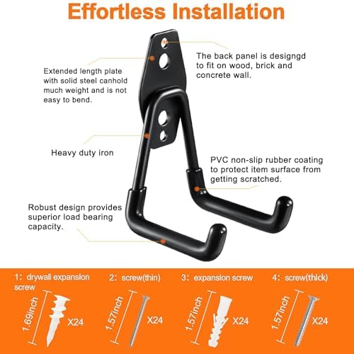 Garage Hooks Heavy Duty Utility Steel with Anti-Slip Coating Wall Mount Storage Organizer for Hanging Power and Garden Tools, Ladders, Hose, Bikes, Ropes, Bulk Items, and More (12 Pack Orange) - 2