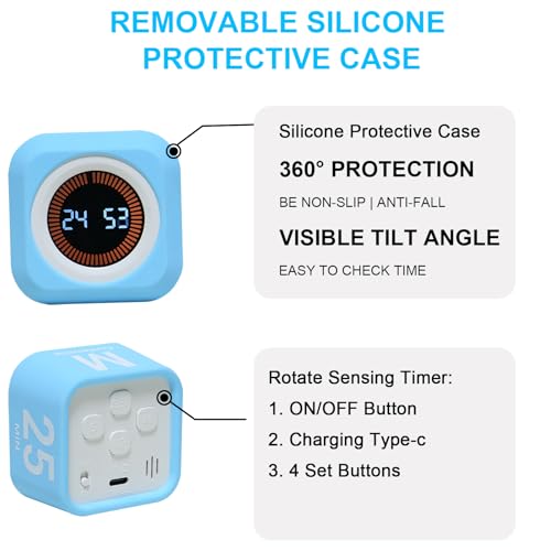 Image of Rotating Pomodoro Cube Visual Timer 5, 25, 10 50 Minutes Preset, Rechargeable Desk Productivity Flip Timer w /Silicone Cover Custom Countdown, Silent Mode for ADHD, Study, Work, School(Blue)