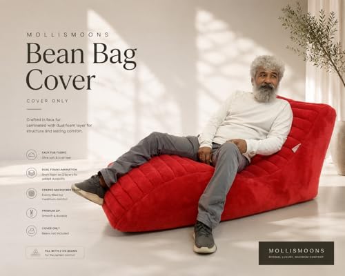 Image of Mollismoons Faux Fur Bean Bag Chair Cover for Adults & Kids | Luxury Lounger & Round Floor Sofa Seating | Modern Cozy Feel | No Beans Included (Red, Lounger)
