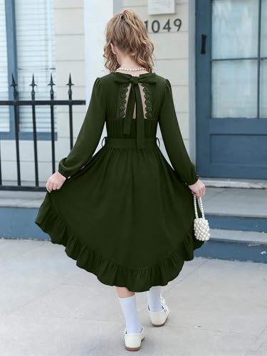 Girls Boho Dress Teen Long Sleeve Lace Backless Tie Back High Low Swing Pocket Dresses with Belt Size 5-16 Years