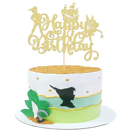 Gyufise 1Pc Never Grow Up Cake Topper Glitter Fairy Elf Neverland Peter Pan Cake Pick for Never Grow Up Theme Baby Shower Kids Birthday Party Cake Decorations Supplies