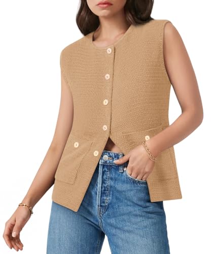 Image of Yousify Womens Sweater Vest Sleeveless Button Down Round Neck Knitted Tank Tops Casual Cardigan with Pockets