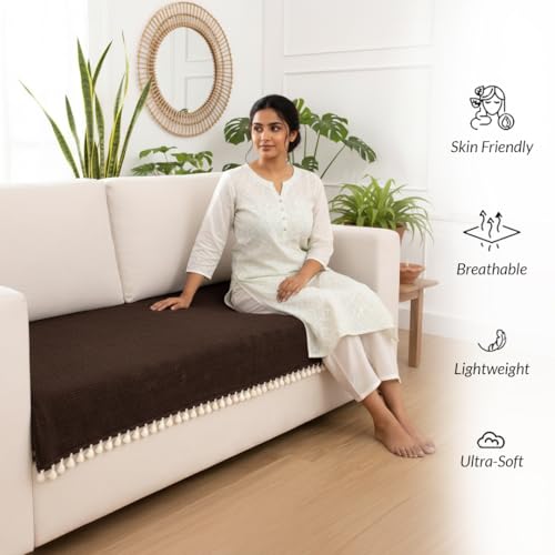 Image of HOMEMONDE 2 Seater Sofa Cover with Tassels |Soft, Durable & Textured Chenille Fabric with Tassels | Sofa Cover Mats for Living Room, Bedroom, Drawing Room & Office (76 X 122 CM, Brown)