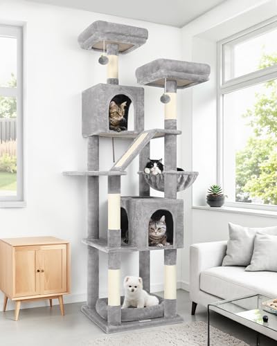 Globlazer キャットタワー 据え置き シニア 猫タワー 大型猫用 猫タワー 多頭飼い 大型 多機能 登りやすい 2ねこハウス 5天然麻紐爪とぎポール ぬいぐるみクッション展望台 猫 ベッド ハンギングバスケット ポンポンおもちゃ 転倒防止ベルト付き