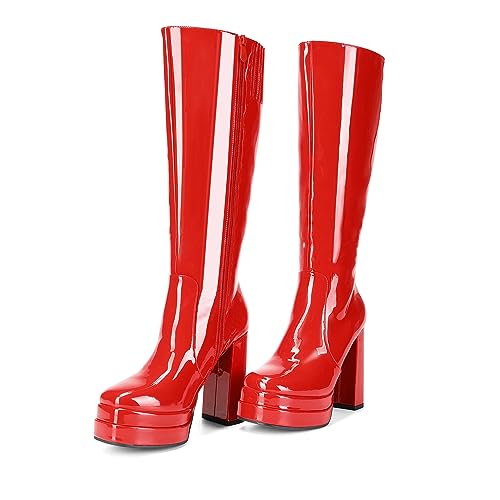 DREAM PAIRS Women's Platform Heeled Knee High Boots, Long Chunky Tall Gogo Boots for Fall,Size 8,Red-Pat,SDKB2306W