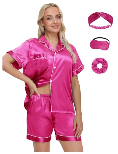 EPLAZA Conjunto de pijama de satén sedoso para mujer con máscara de ojos, banda para el pelo, lazo para el pelo, manga larga, botones, ropa de dormir, Rose-corto, M