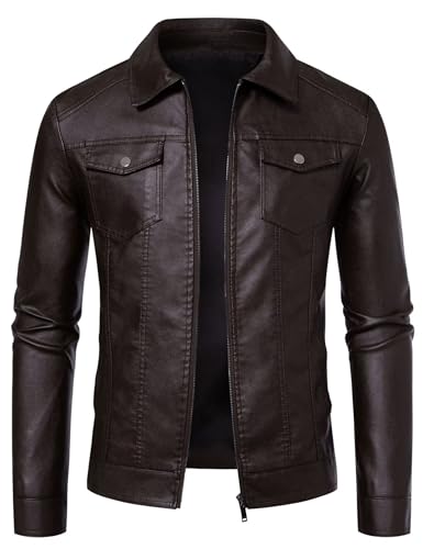 Zbrandy Leather Jacket Men Faux Leather Jackets Mens Moto Biker Coat Outwear Windproof Brown XL