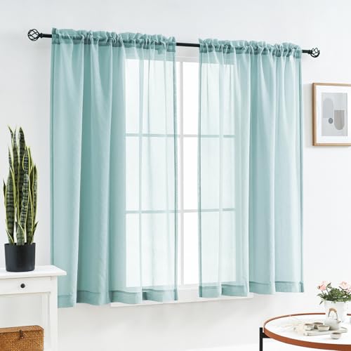 MYSTIC-HOME Sheer Curtains 63 Inch Length, Rod Pocket Voile Drapes for Living Room, Bedroom, Window Treatments Semi Crinkle Curtain Panels for Yard, Patio, Parlor, Set of 2, 52"x 63", Grey Teal