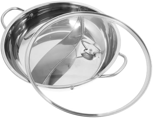 DASHUMIL Hot Pot with Divider and Lid, Large Capacity Stainless Steel Dual Compartment Fondue Set, Excellent Heat Conductivity, Even Heating, Suitable for Parties and Restaurant Use