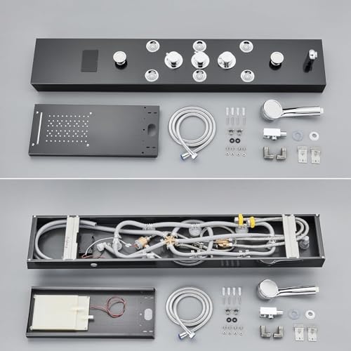 Image of B Backline Stainless Steel 304 Shower Panel 6-in-1 Thermostatic LED Rainfall Shower System - Hot & Cold Water | Handheld Shower | Body Massage Jets | Waterfall Spout Bathroom (Black)