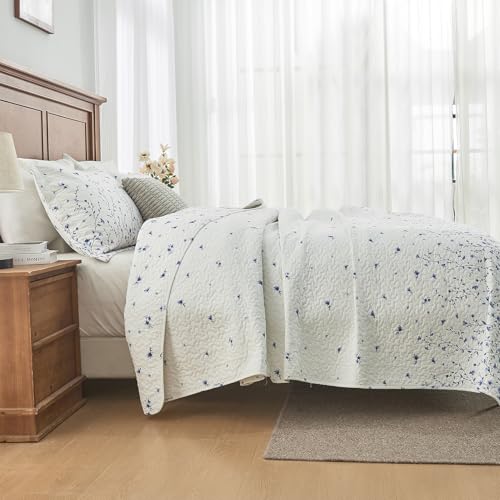 DDUOXIN Farmhouse Botanical King Quilt Set - 100% Cotton Reversible Quilts with 2 Pillow Shams, 3 Piece Bedspread Lightweight Bedding Sets for All Seasons, White/Blue, King(106" W x 98" L) — view 4