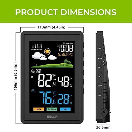 Baldr Home Wireless Indoor Outdoor Weather Station Thermometer - Color Lcd Display Weather Forecast With Outdoor Sensor, Clock, Digital Calendar - Indoor Thermometer, Home Weather Station - Black #TOP3