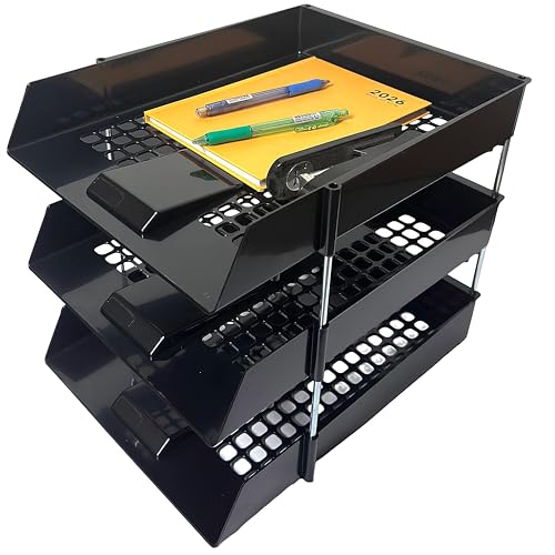 A4 Black Plastic Letter Trays with Risers 3 trays Stackable Desk Document Organiser