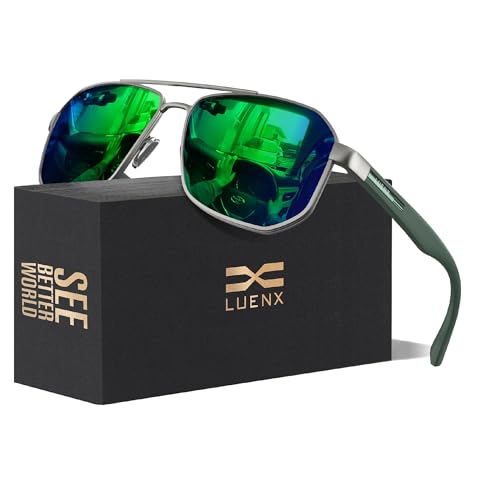 LUENX Sunglasses for Men Square Polarized Polygon Lens - UV 400 Protection with Accessories Driving Fishing Large 61MM(Mirror Green Lens Green Frame)