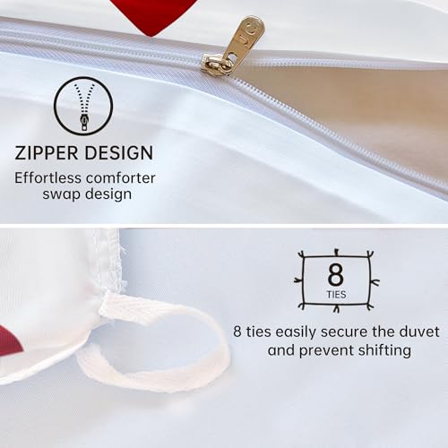Image of BOLINLIVING Cute Duvet Cover King Size, White 3 Pieces Duvet Cover with Red Heart-Shaped Print,Soft Breathable Microfiber Bedding Set for All Season with Zipper Closure and Corner Ties