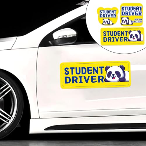 Image of Student Driver Please Be Patient Car Magnet, Yellow Panda Cute Shape, Patient with Reflective Magnetic Bumper Sticker Set Detachable, Novice Safety Signs.Set of 3