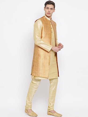 Image of VASTRAMAY Men's Beige Cotton Silk Blend Kurta, Ethnic Jacket and Pyjama Set