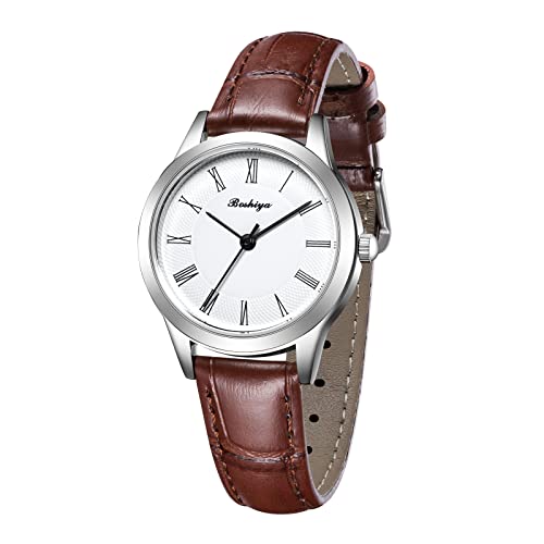 BOSHIYA Armbanduhr Damen, Analog Quarz Damenuhr mit Lederarmband, wasserdichte Mode Kreative Armbanduhr für Damen (Silber-Braun)