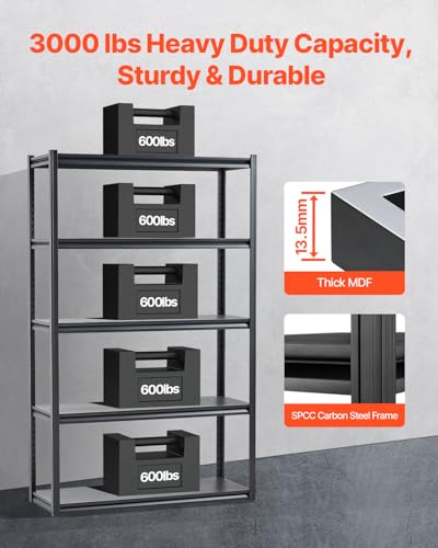 Image of VEVOR Storage Shelves, 3000 lbs, 5 Tier Garage Storage Shelving, 18 inch D x 48 inch W x 78 inch H Adjustable Metal Shelves for Garage Shelves Utility Rack Shelf, Ideal for Kitchen, Warehouse, Basement, Black