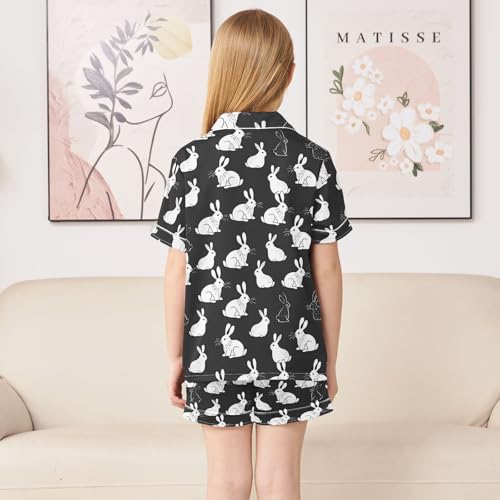 ALAZA White Rabbit Bunny Black Satin Pajamas Set Short Sleeve Button Down Sleepwear Summer Pjs 2 Piece4