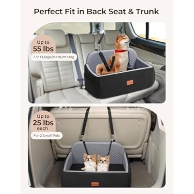 Dog Car Seat for Large Medium Dogs, Pet Car Seat Under 55 lbs or 2 Puppies, Removable Washable Pets Travel Booster Bed for Automotive Backseat with Comfy Thick Cushion, 2 Safety Leashes(Black/Gray)