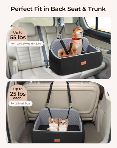 Petcozife Hunde Autositz für Große & Mittlere Hunde, Hundesitz Auto Rückbank für Unter 25 KG oder 2 Kleine, Abnehmbar und Waschbar Hundeautositz mit Dickem Kissen, 2 Sicherheitsleinen (Schwarz+Grau)