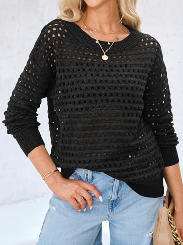 Langwyqu Womens Oversized Crochet Sweaters Trendy Sexy Knit Cotton Crew Neck Long Sleeve Hollow Out Pullover Cover Ups2