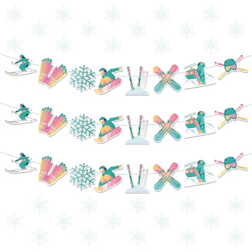 Elomy Ski Birthday Party Decorations, 3PCS Winter Apres Ski Pre Strung Banners Decorations, Skiing Snowboard Banner Decor for Skier Themed Baby Shower Decor Supplies