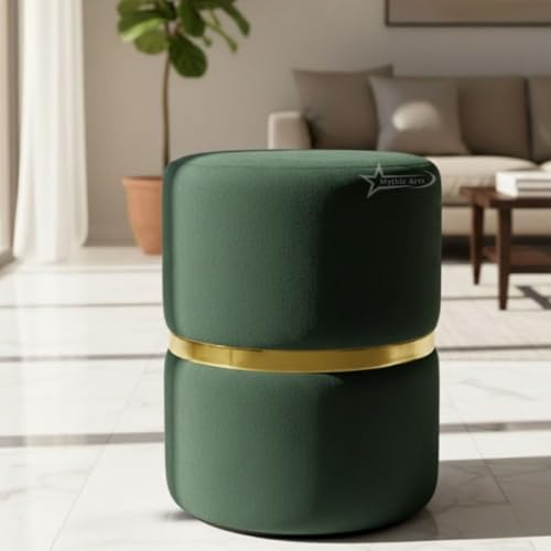 Image of Round Single Strip Upholstered Stool Living Room Foot Rest Linen Fabric Padded Seat Pouf Ottoman Office Stool Dark Green