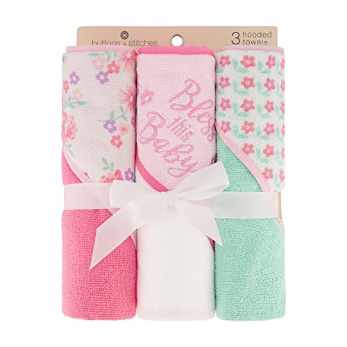 image for Cudlie Buttons & Stitches Baby Girl 3 Pack Rolled/Carded Hooded Towels