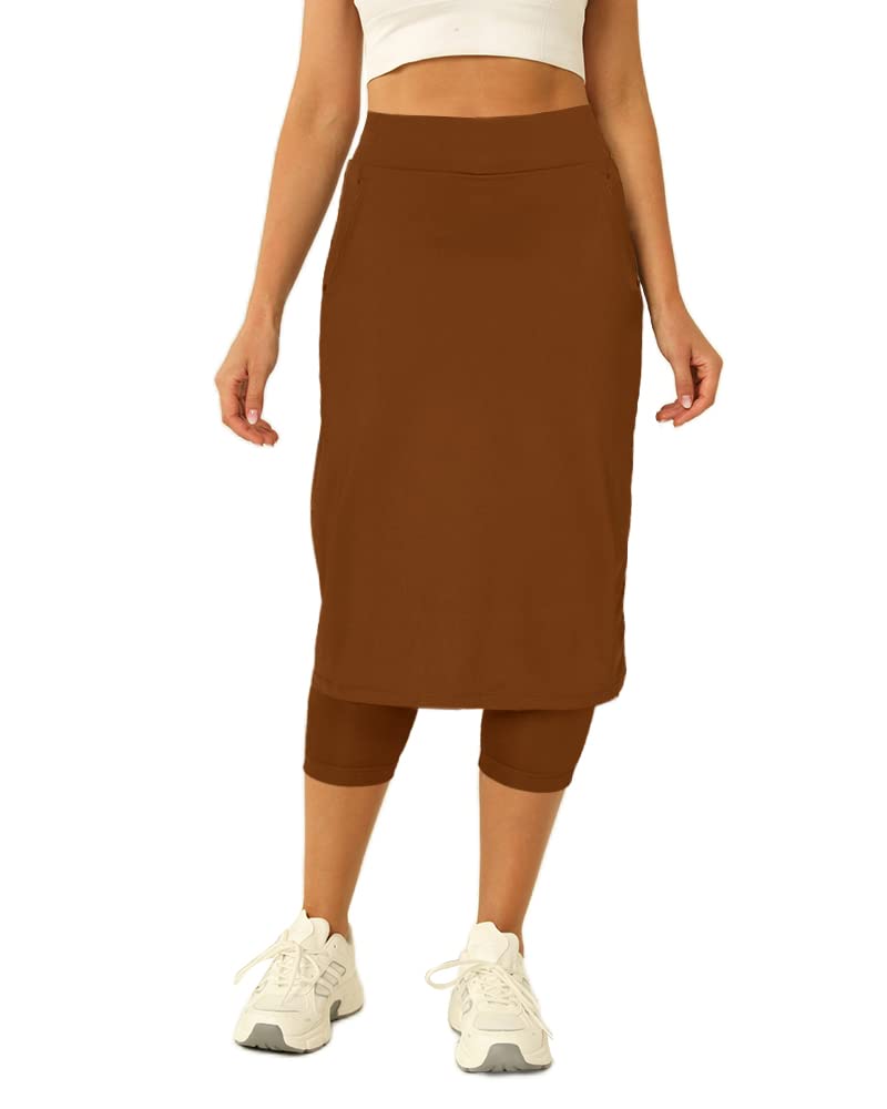 Aurgelmir Damen-Tennisrock mit Capri-Leggings, knielang, sportlich, lange Röcke für Damen, mit Taschen