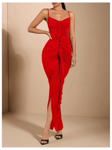 Image of Floerns Women's Ruffle Ruched Cami Dress Draped Split Elegant Bodycon Maxi Dresses