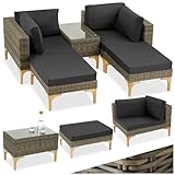 tectake&reg; Outdoor Rattan Lounge, 5-teiliges Gartenm&ouml;bel Sofa Set, frei kombinierbar, mit Ecksessel, Hocker, Tisch, Gartenlounge, inkl Sitz- und R&uuml;ckenkissen - Natur