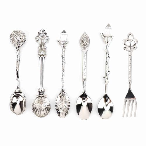 6 Pz/set Cucchiaino da caffè vintage intagliato Cucchiaino Retro in lega di zinco Dessert Caffè Stoviglie Cucchiai Posate (Argento)