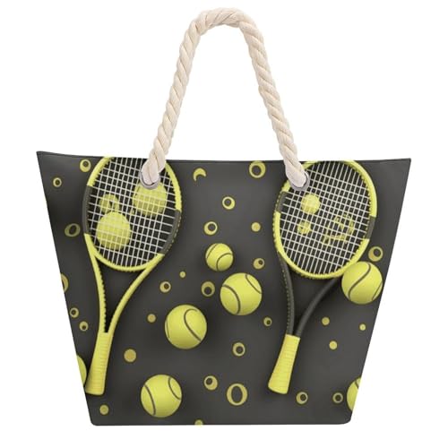Divertidas raquetas de tenis y pelotas de tenis, bolsa de tela Oxford con asas de cuerda de cáñamo, gran capacidad, duradera, impermeable, multiusos, para trabajo, viajes, playa, compras y uso diario
