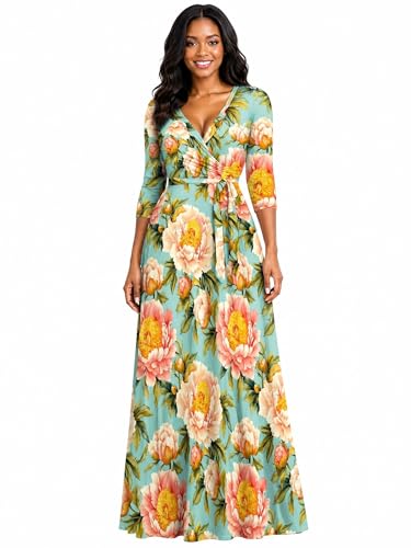 Image of Plus Size Maxi Dress for Women V Neck 3 /4 Sleeve Wrap Dress