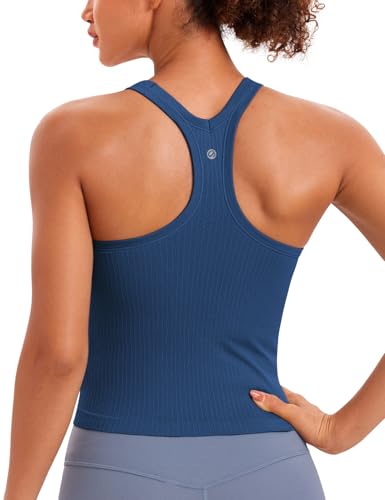 Image of CRZ YOGA Seamless Rib Racerback Tank Tops | Light Support, Built in Bra, Removable Pads, Yoga, Ribbed, High Neck, for Women