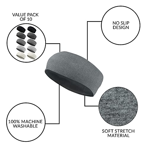 Styla Hair 10 Pack Stretch Headbands Men's Non-Slip Head Wraps Great For Sports, Yoga, Pilates, Running, Gym, Workouts, Baseball, Casual Wear, Gifts & More! Black Grey #TOP1