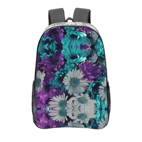 Mochila transparente con estampado de flores moradas y verde azulado de talla única