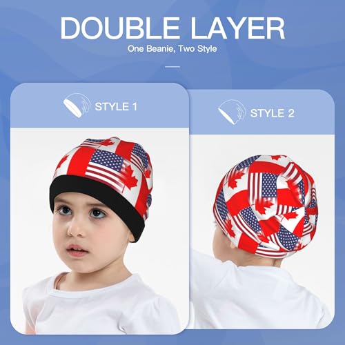 American Flag and Canadian Flag Kids Leisure Elastic Knitted Hat Junior Large Size Knit Cap Child Beanie Black3