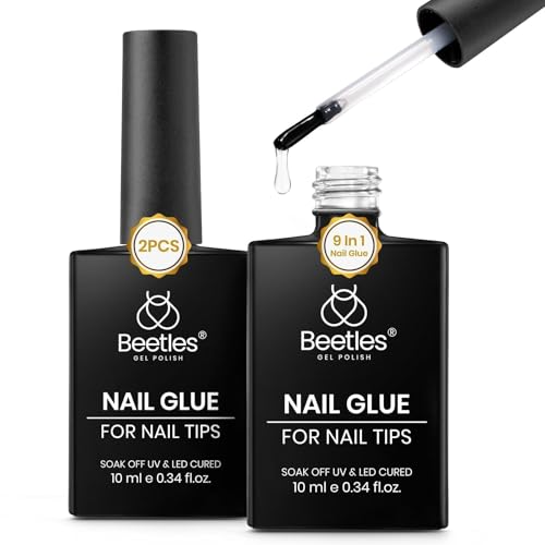 Beetles 9 in 1 Gel Nail Glue for Acrylic Nails Tips, 2 Pcs 10ml Super Strong Nail Glue for Clear...