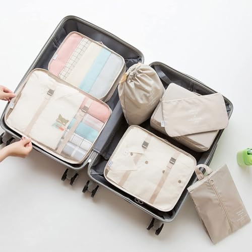 Image of OSDUE | 7 In 1 Polyester Suitcase Organizer | Travel Cube System, Separators Travel Pouches, Travel Organizer, Clothing, Underwear, Footwear, Cosmetics, Socks |Organizers Sacks Storage Suitcase Set