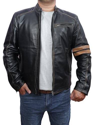 Real Lambskin Leather Mens Biker Jacket Casual Windbreaker Accents Moto Style Zippered Jacket2